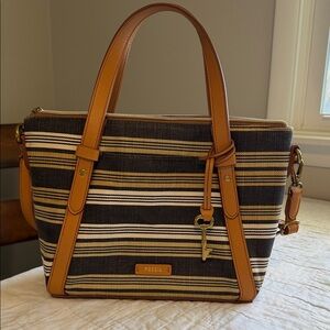 Fossil Avondale Satchel Neutral Striped Canvas Leather Trim